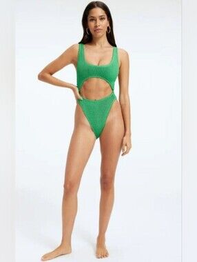 Good American Always Fits Metallic Monokini in Summer Green